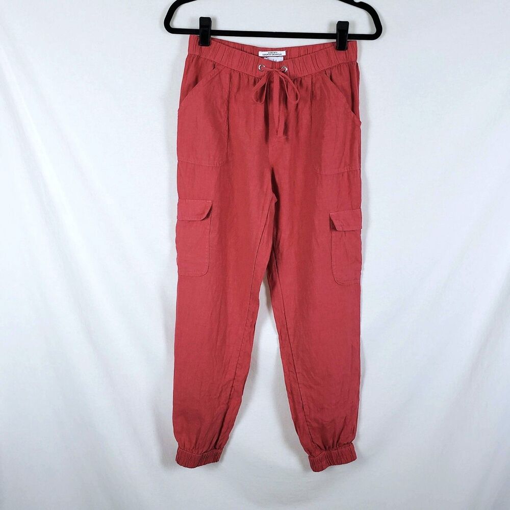 Nicole Miller Nantucket Red Coastal Linen Jogger Pants Womens S Resort Vacation
